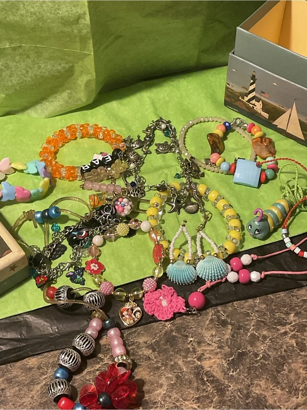 Colorful Mixed Children Bead and Silvertone bracelets, cord Necklaces